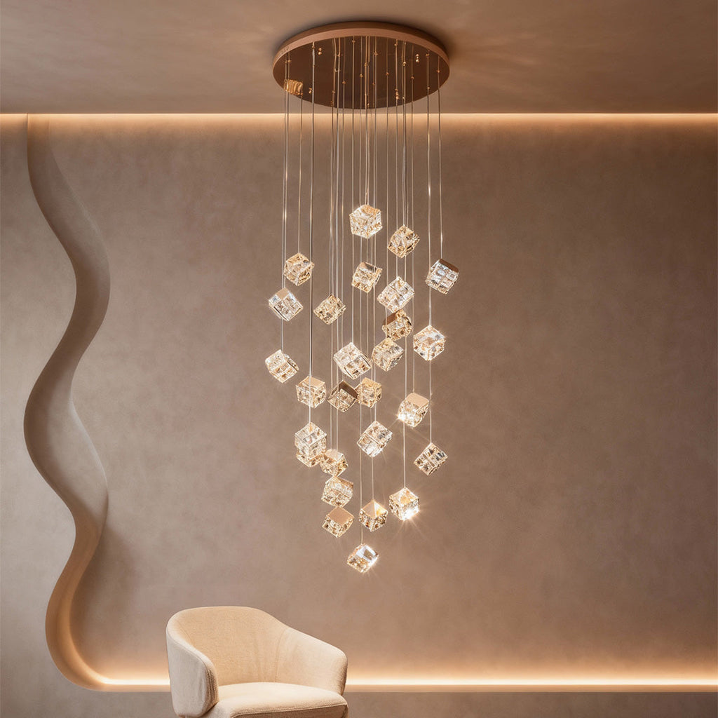 Stairs Chandelier Magic Cube Crystal Ceiling Light, Modern LED Lighting Fixture, Elegant Home Decor, Dimmable Design, Luxury Ceiling Lamp