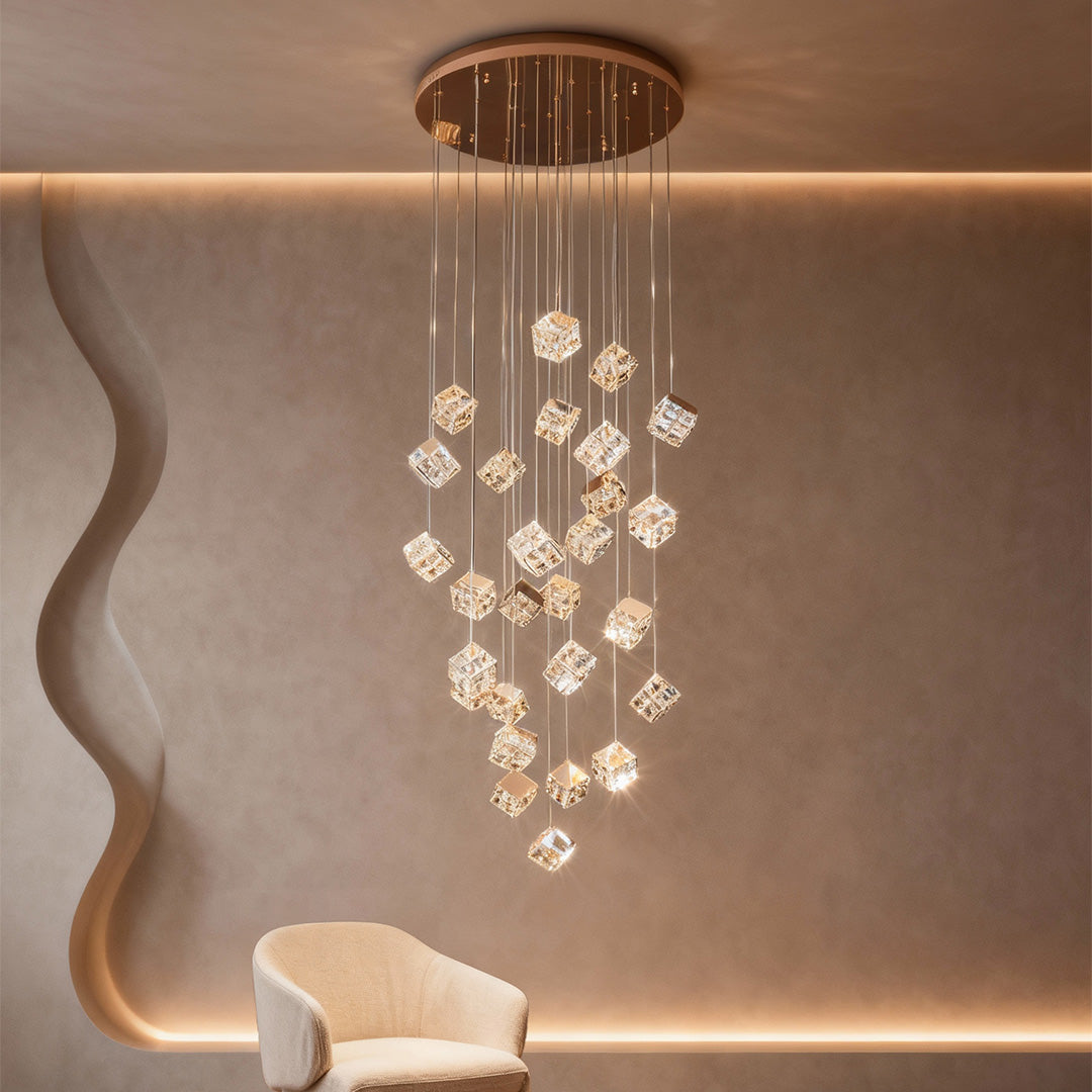 Stairs Chandelier Magic Cube Crystal Ceiling Light, Modern LED Lighting Fixture, Elegant Home Decor, Dimmable Design, Luxury Ceiling Lamp