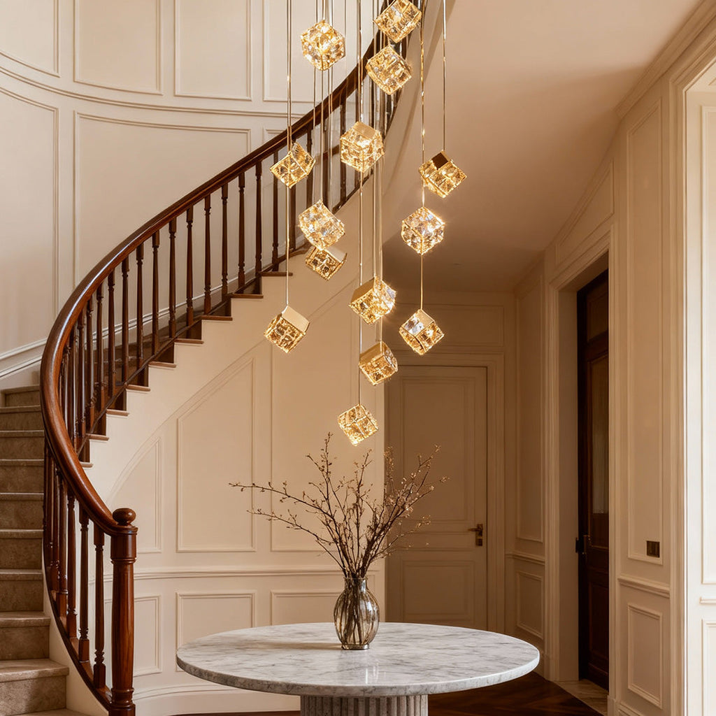 Stairs Chandelier Magic Cube Crystal Ceiling Light, Modern LED Lighting Fixture, Elegant Home Decor, Dimmable Design, Luxury Ceiling Lamp