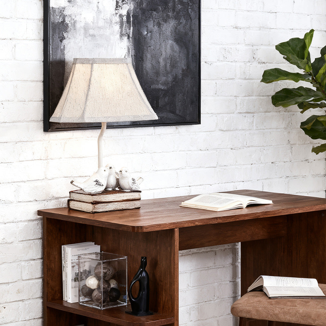Small Bird Table Lamp - French Design with Stacked Books Fabric Shade