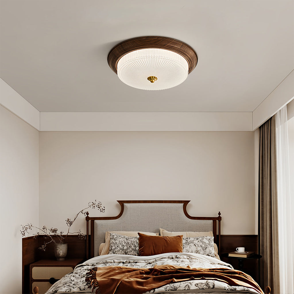 Vintage Art Deco Walnut Flush Mount Ceiling Light - Full-Spectrum Illumination