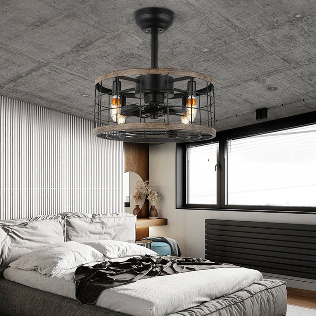 Retro Industrial Wrought Iron Cage Noiseless Fan Chandelier