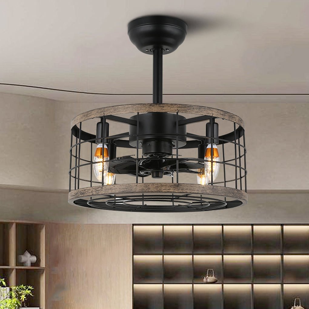 Retro Industrial Wrought Iron Cage Noiseless Fan Chandelier