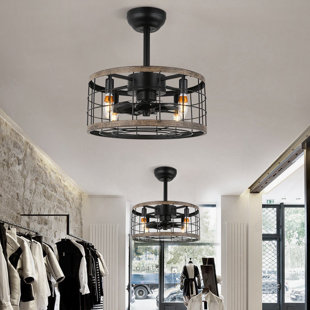 Retro Industrial Wrought Iron Cage Noiseless Fan Chandelier