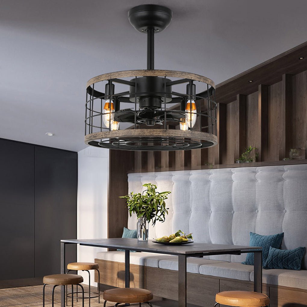 Retro Industrial Wrought Iron Cage Noiseless Fan Chandelier