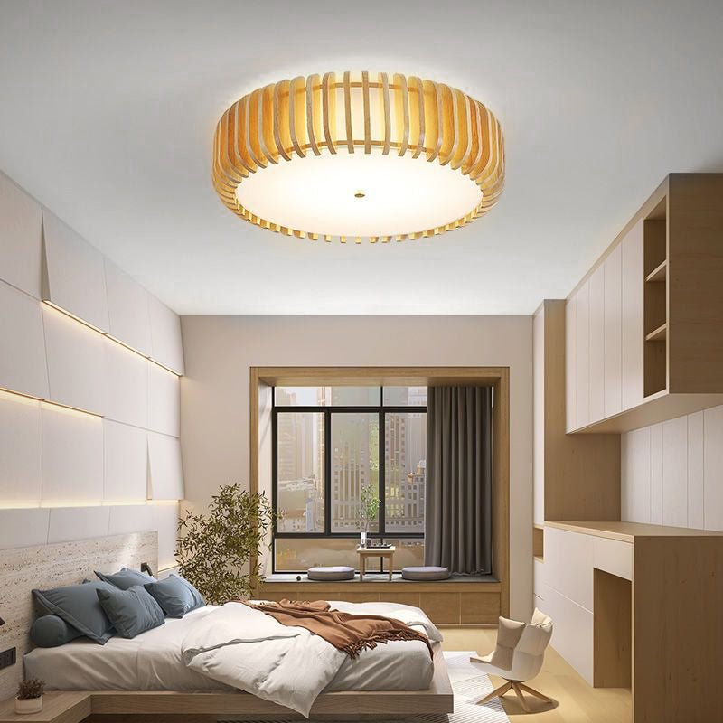 Dimmable Nordic Wood LED Ceiling Light – Rustic 3-Step Brightness for Bedroom