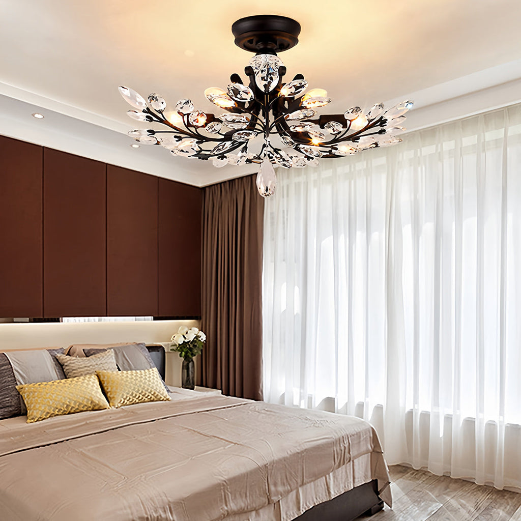 Crystal Semi Flush Ceiling Light - American Leaf Chandelier - Elegant Home Lighting - Modern Decorative Fixture - Luxury Ceiling Lamp - Stylish Dine Room Lighting - Durable Crystal Design