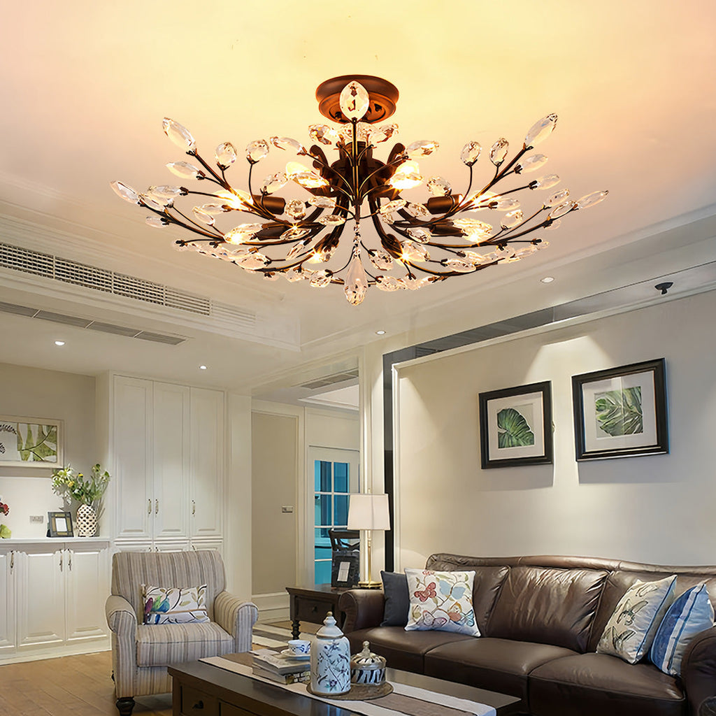 Crystal Semi Flush Ceiling Light - American Leaf Chandelier - Elegant Home Lighting - Modern Decorative Fixture - Luxury Ceiling Lamp - Stylish Dine Room Lighting - Durable Crystal Design