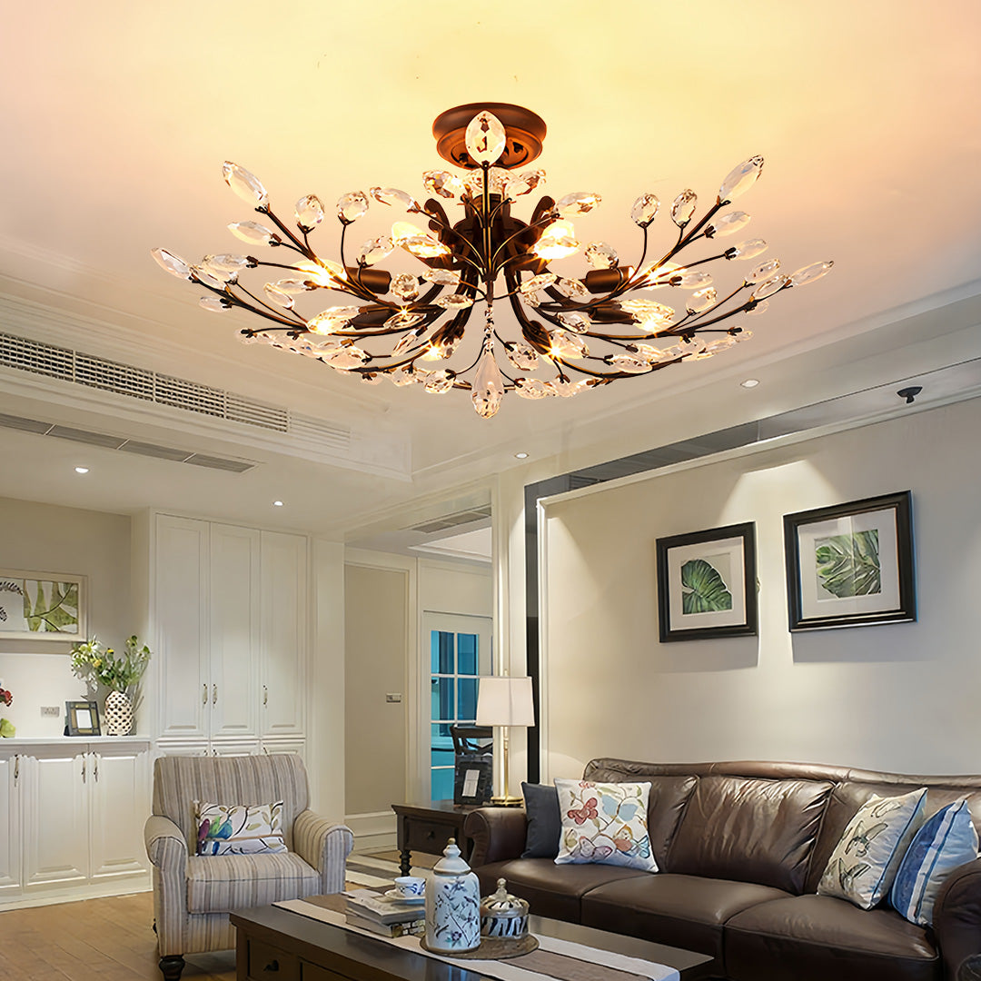 Crystal Semi Flush Ceiling Light - American Leaf Chandelier - Elegant Home Lighting - Modern Decorative Fixture - Luxury Ceiling Lamp - Stylish Dine Room Lighting - Durable Crystal Design
