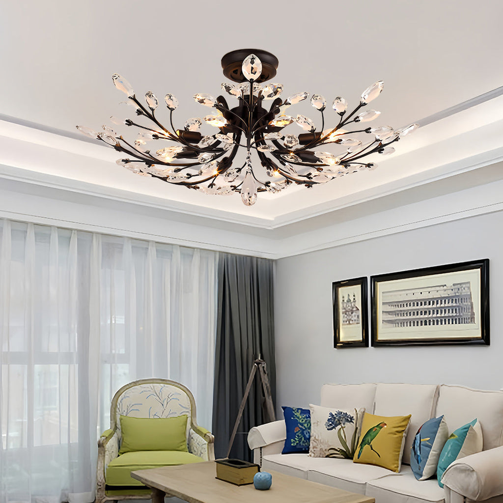 Crystal Semi Flush Ceiling Light - American Leaf Chandelier - Elegant Home Lighting - Modern Decorative Fixture - Luxury Ceiling Lamp - Stylish Dine Room Lighting - Durable Crystal Design