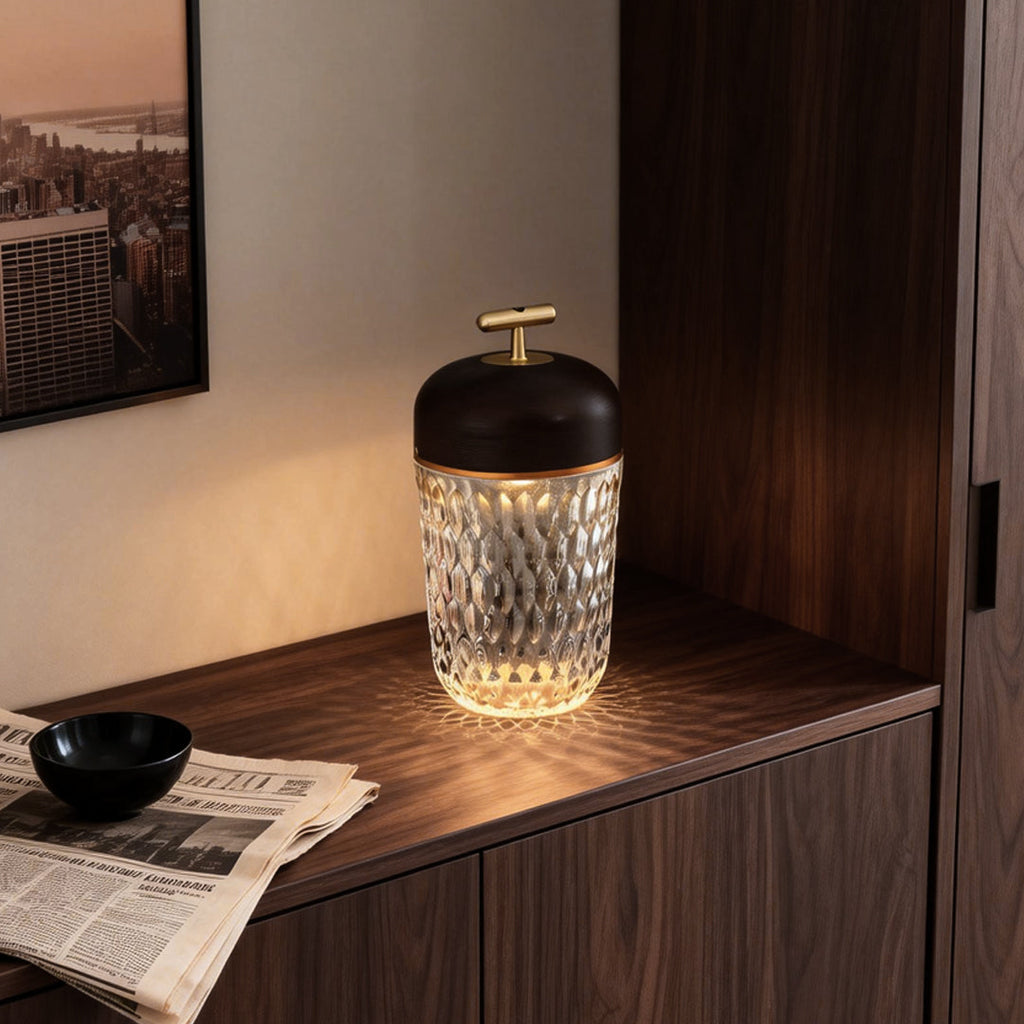 Cup Glass Table Lamp - Modern Rechargeable Metal Design, LED Bedroom Lighting, Stylish Home Decor, Energy-Efficient Night Light.