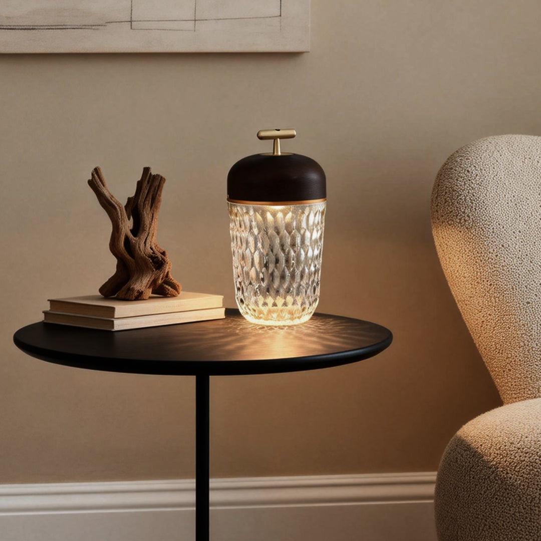 Cup Glass Table Lamp - Modern Rechargeable Metal Design, LED Bedroom Lighting, Stylish Home Decor, Energy-Efficient Night Light.