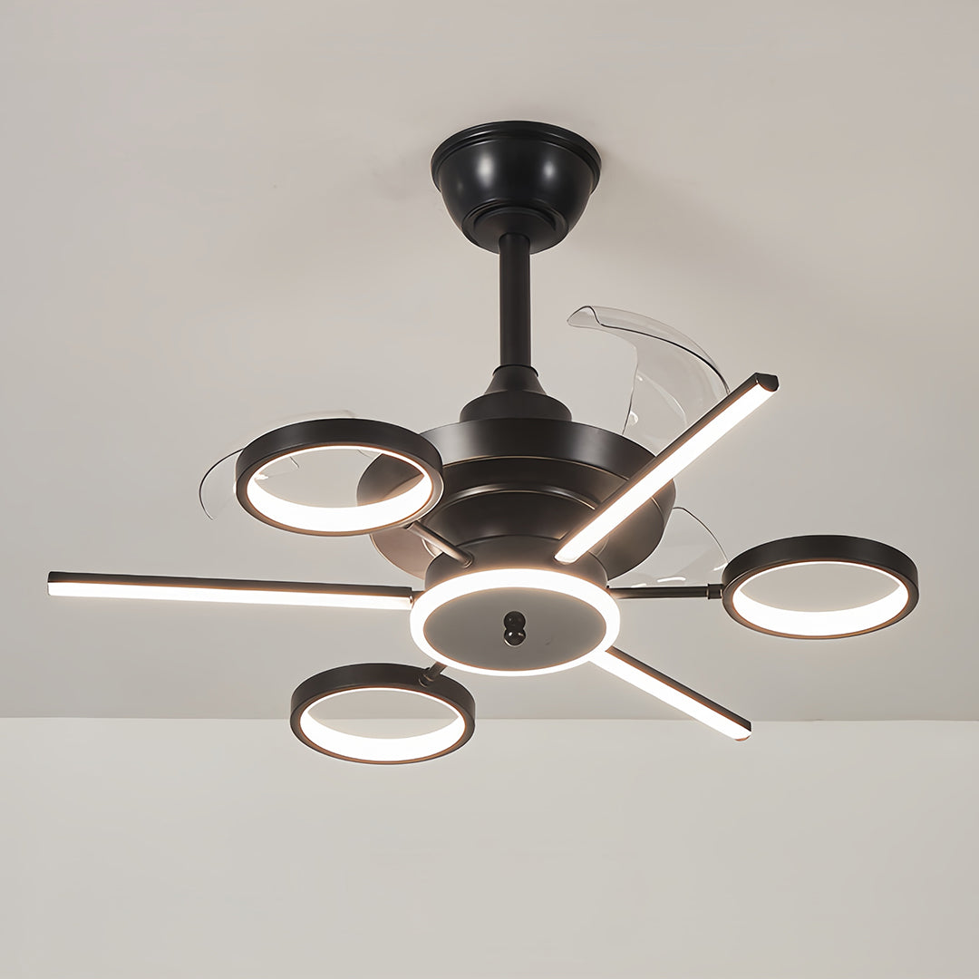 French Vintage Black Iron Ceiling Fan with 3 Blades and Multiple Lights