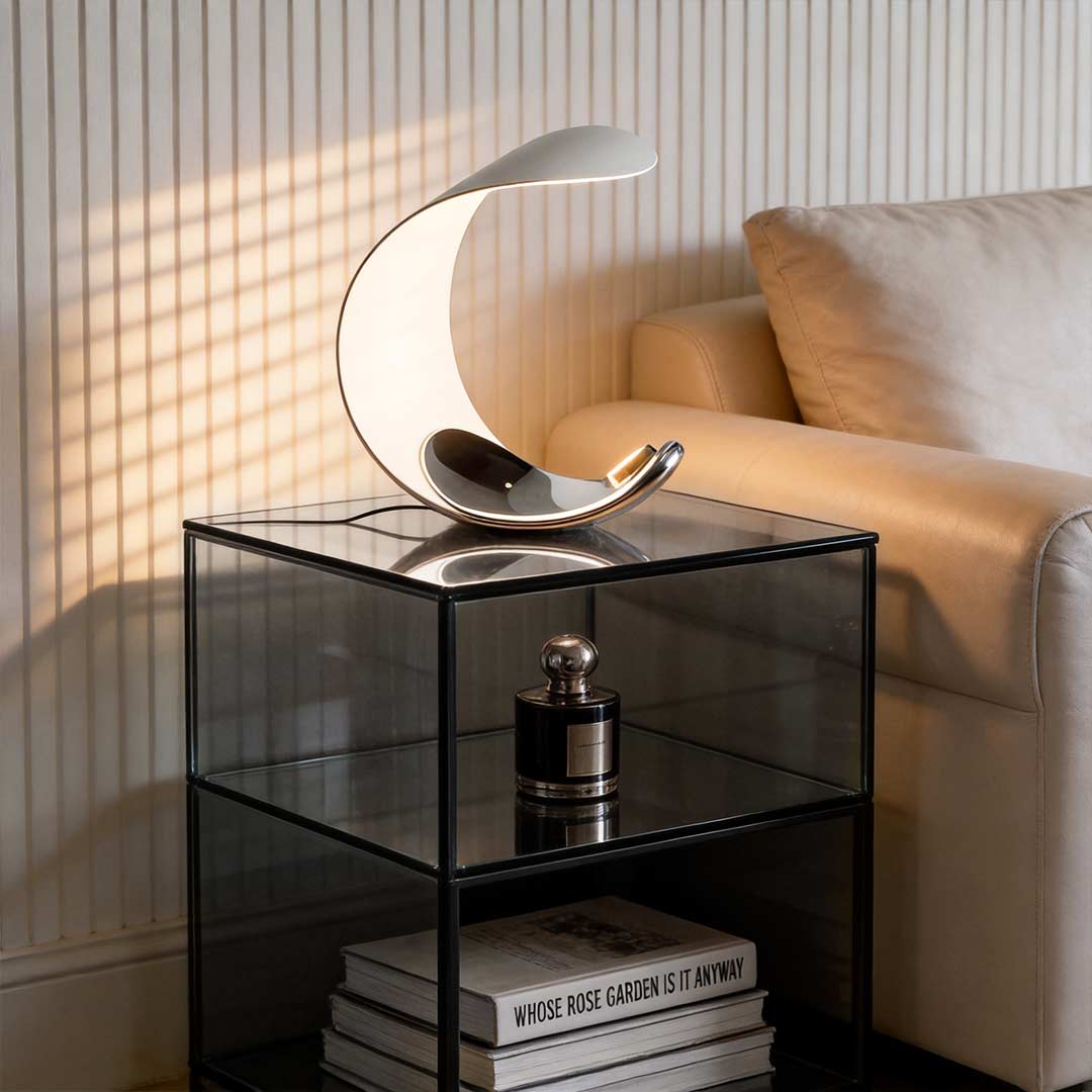 Curved Silver End Table Lamp - Polished Chrome LED Lighting