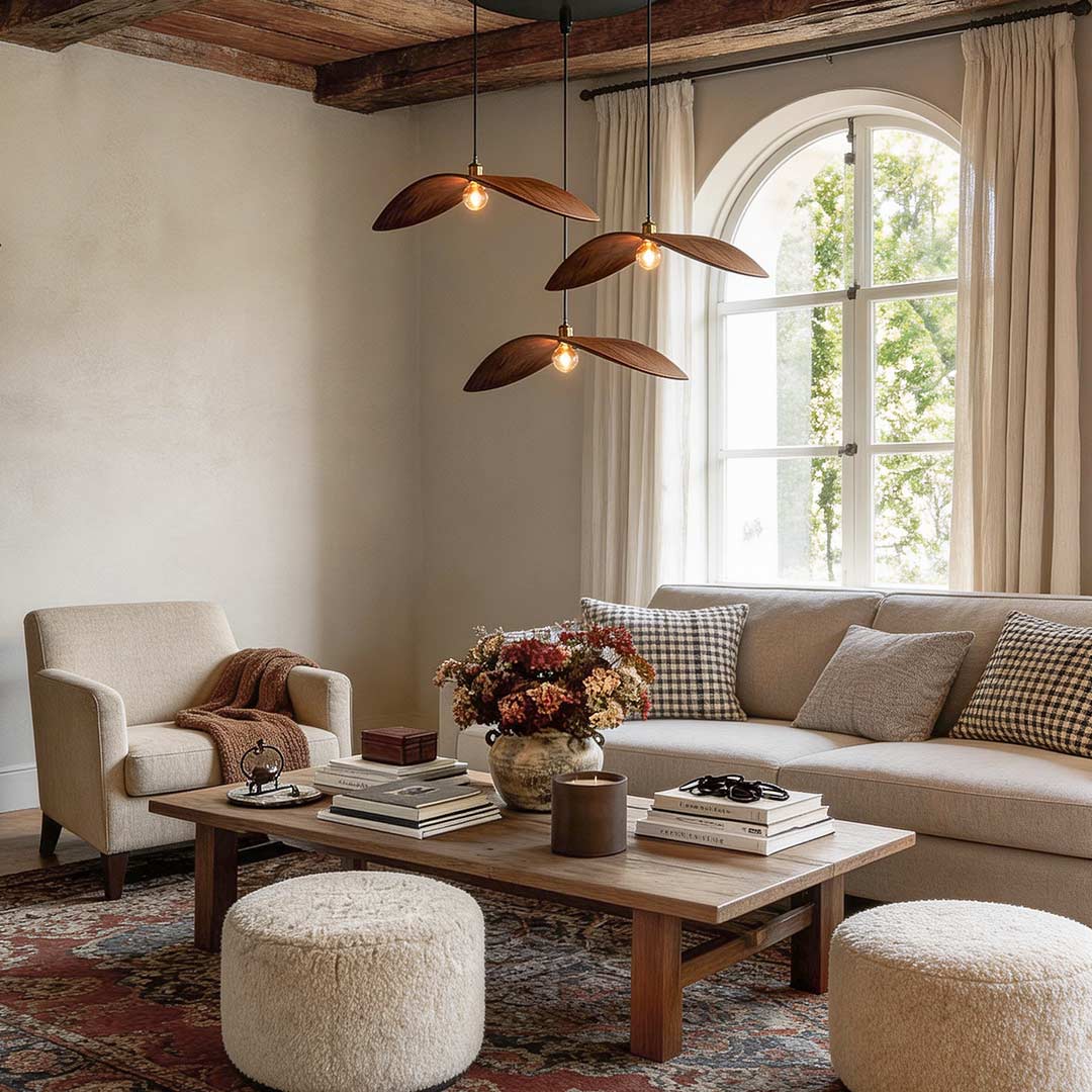 Curved Walnut Wood Pendant Light - Wabi-Sabi Bar Lamp