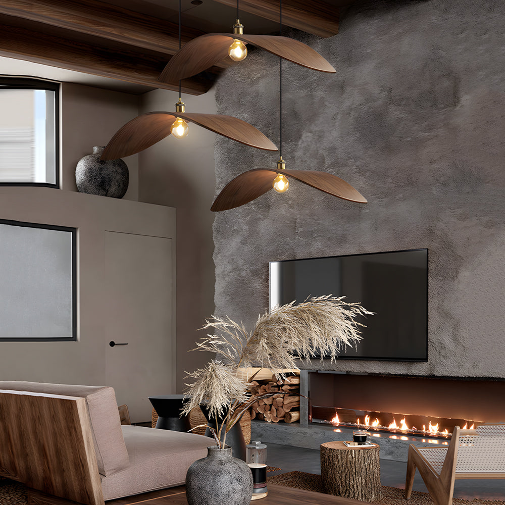 Curved Walnut Wood Pendant Light - Wabi-Sabi Bar Lamp