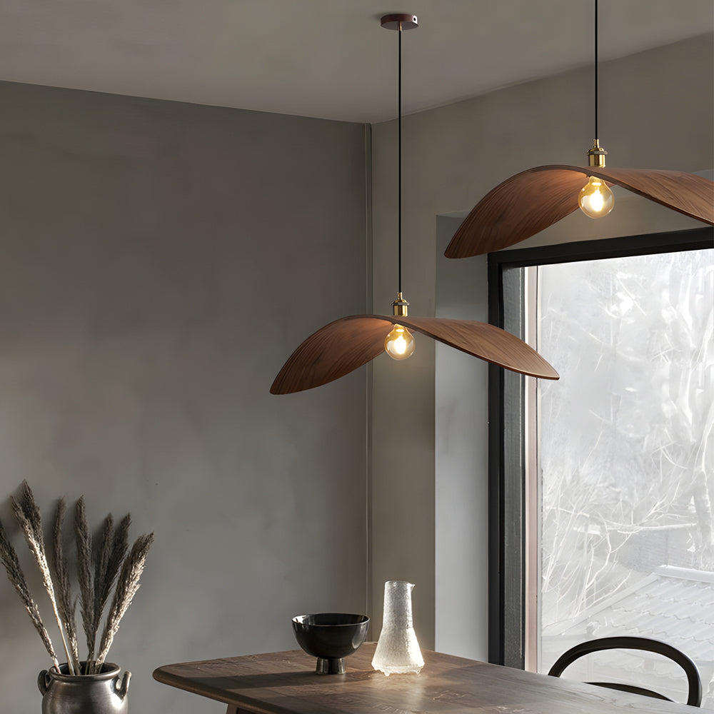 Curved Walnut Wood Pendant Light - Wabi-Sabi Bar Lamp