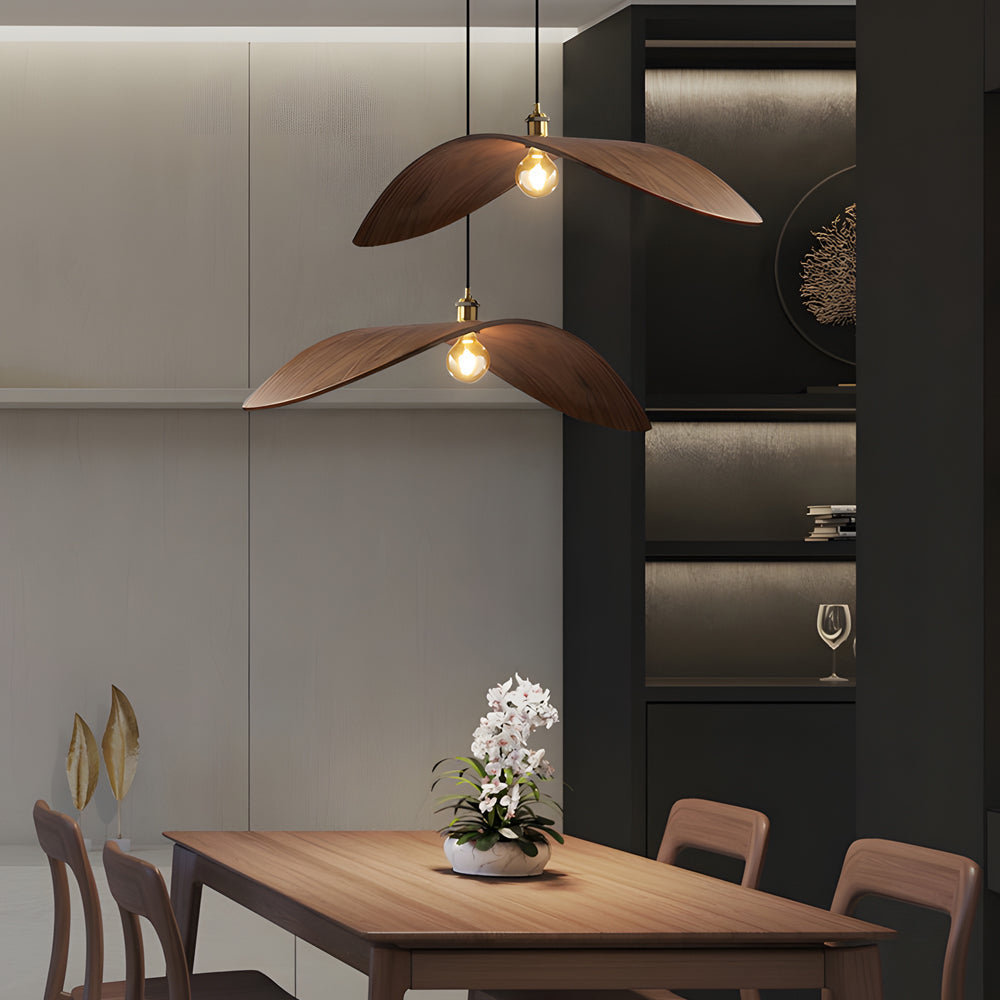 Curved Walnut Wood Pendant Light - Wabi-Sabi Bar Lamp