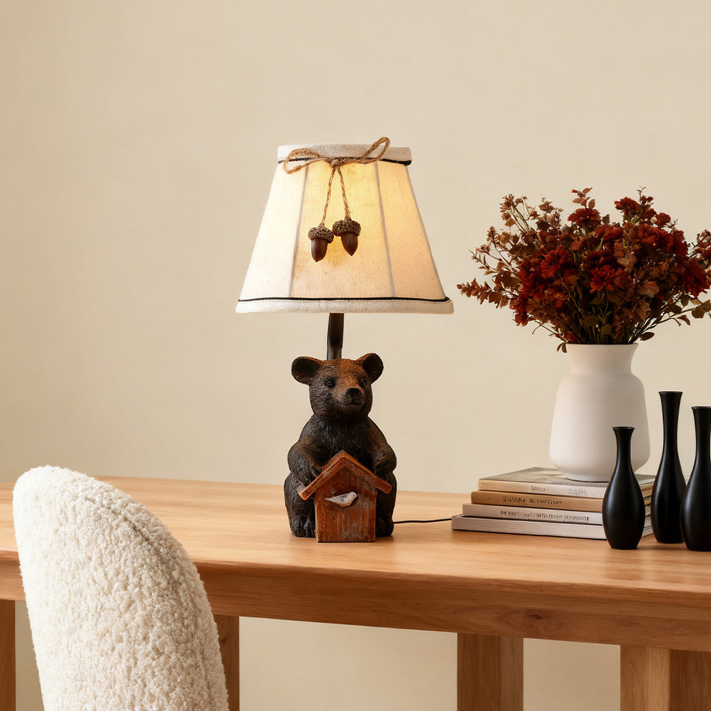 Bear Table Lamp with European-Style Fabric Shades - Charming Novelty Light Fixture