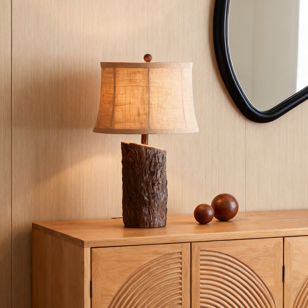 Faux Wood Table Lamp with Bark-Textured Fabric Shade - Rustic Nightstand Lighting