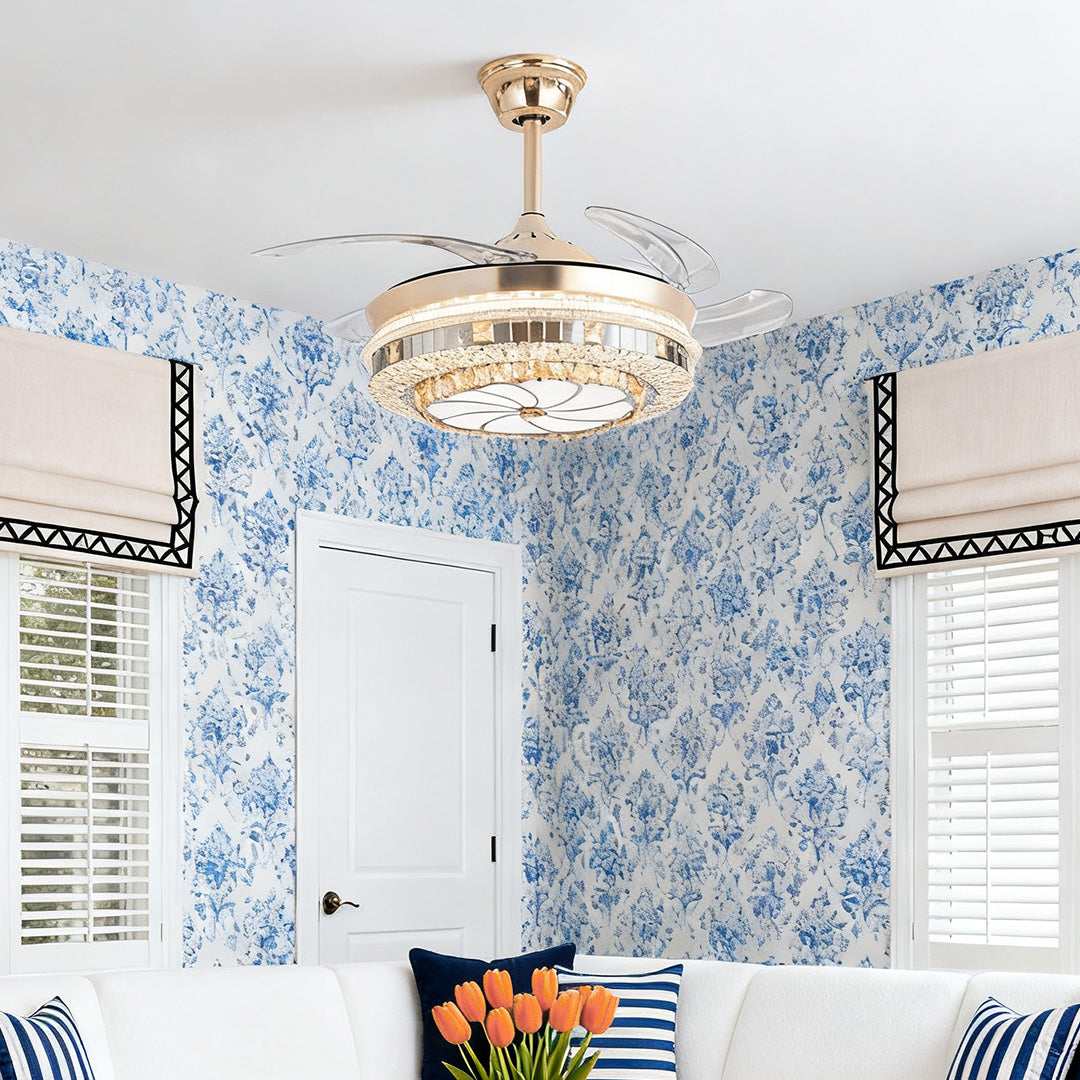 Gold Crystal Ceiling Fan Light – 4-Blade Invisible Lamp