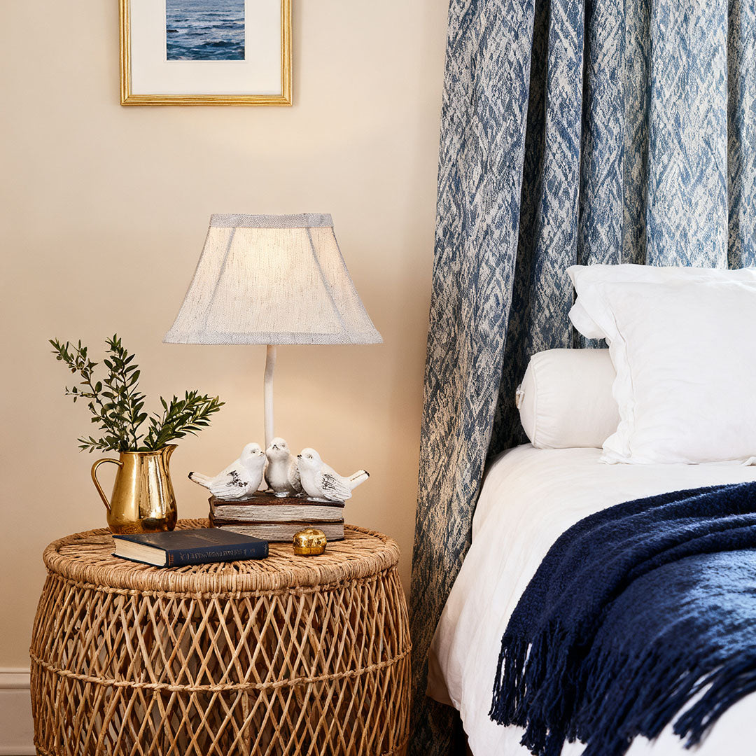 Small Bird Table Lamp - French Design with Stacked Books Fabric Shade
