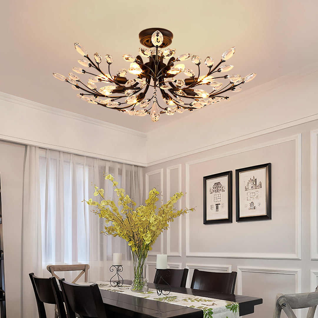 Crystal Semi Flush Ceiling Light - American Leaf Chandelier - Elegant Home Lighting - Modern Decorative Fixture - Luxury Ceiling Lamp - Stylish Dine Room Lighting - Durable Crystal Design