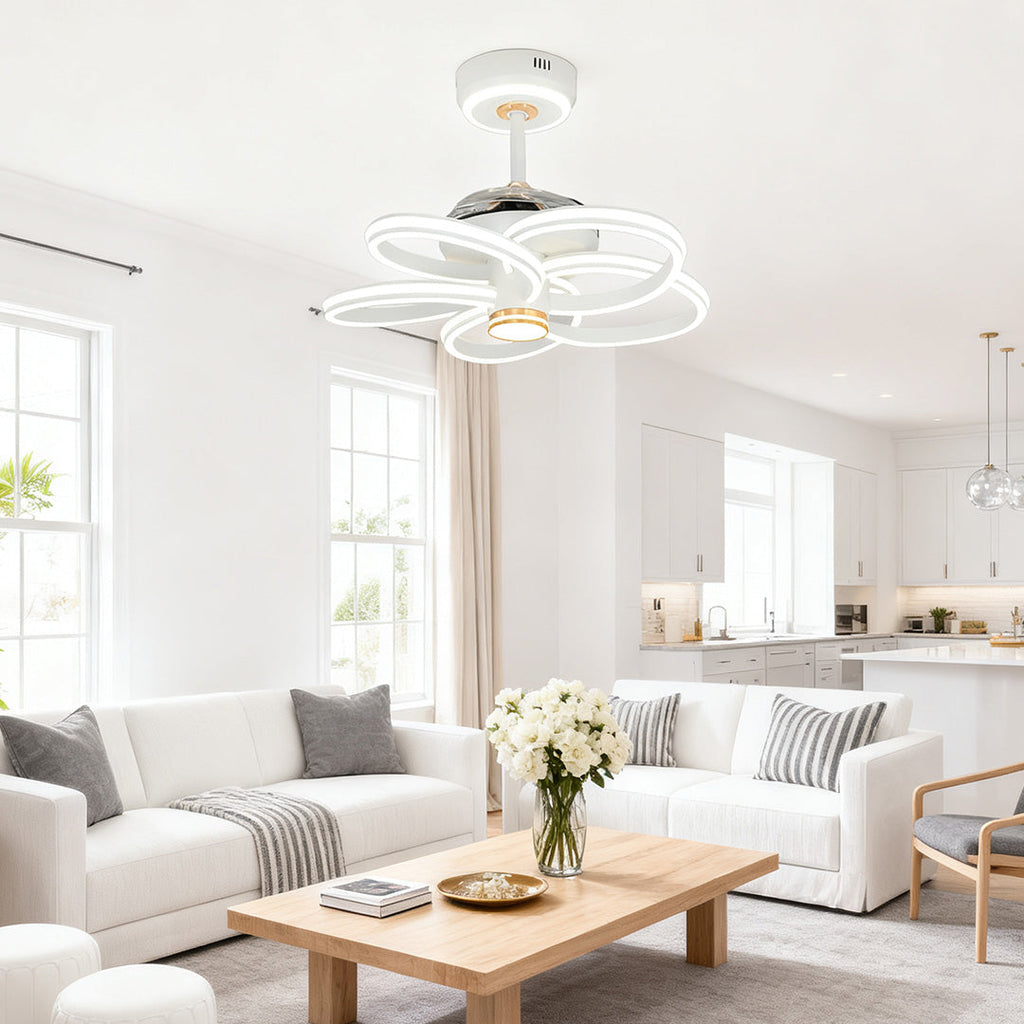 White Ceiling Fan Light Fixture | Variable Frequency Flower Design Iron Art Lamp