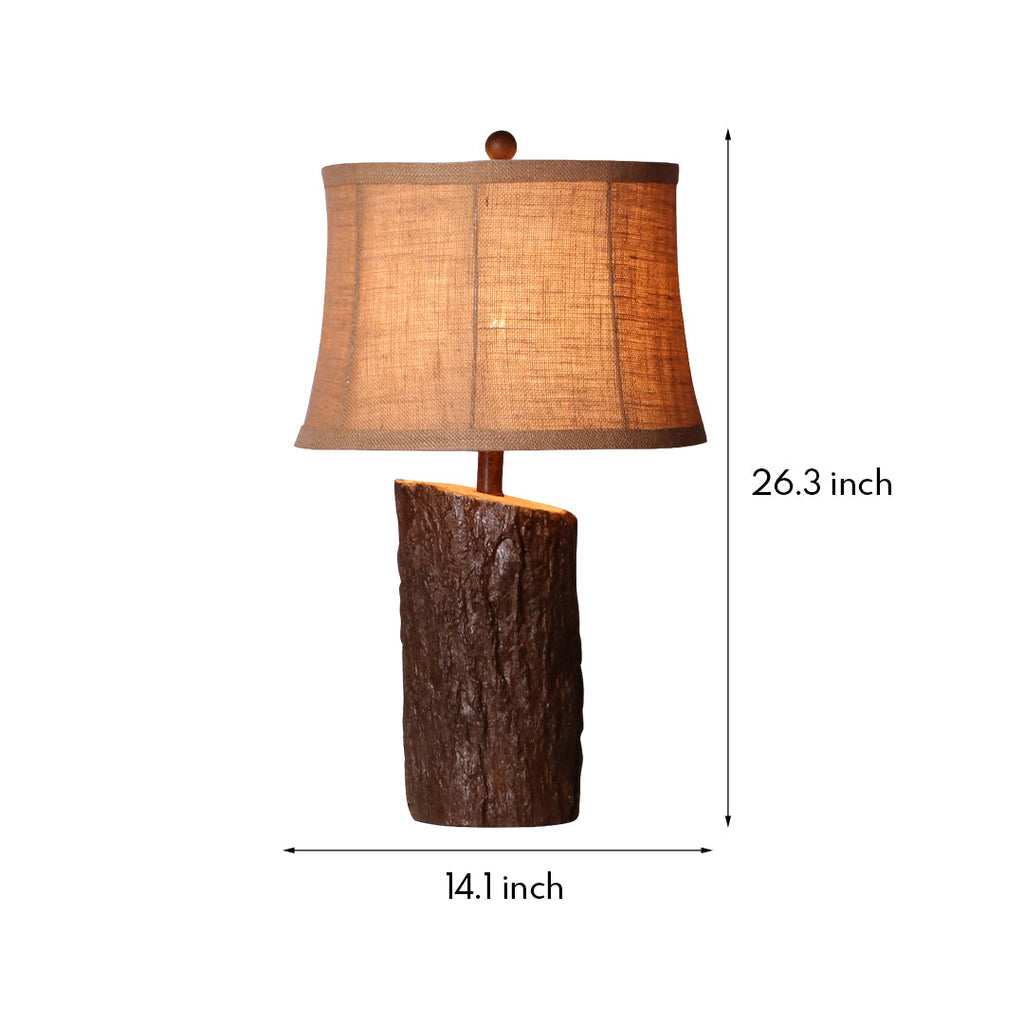 Faux Wood Table Lamp with Bark-Textured Fabric Shade - Rustic Nightstand Lighting