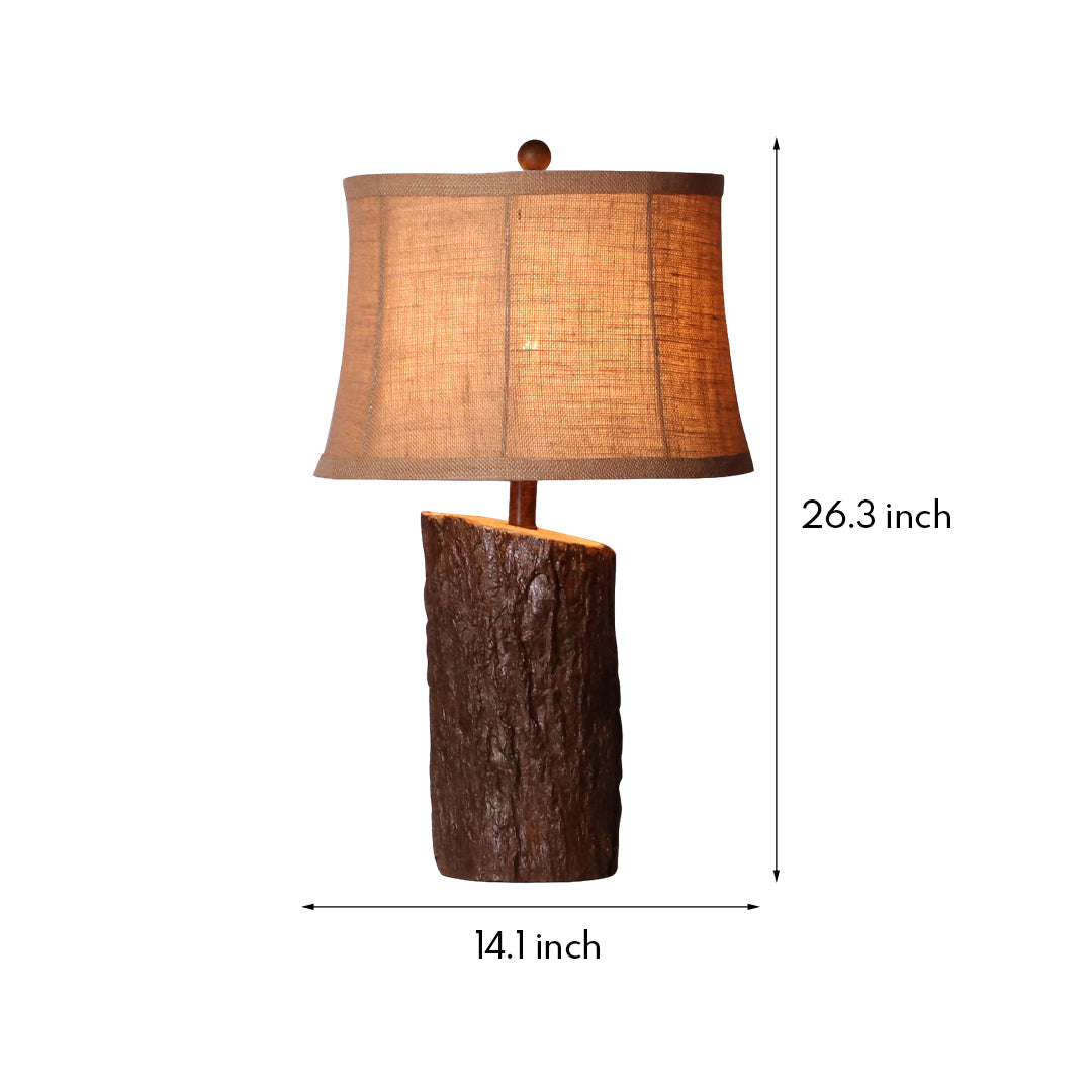 Faux Wood Table Lamp with Bark-Textured Fabric Shade - Rustic Nightstand Lighting