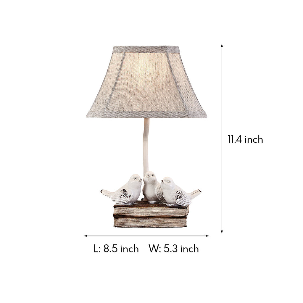 Small Bird Table Lamp - French Design with Stacked Books Fabric Shade