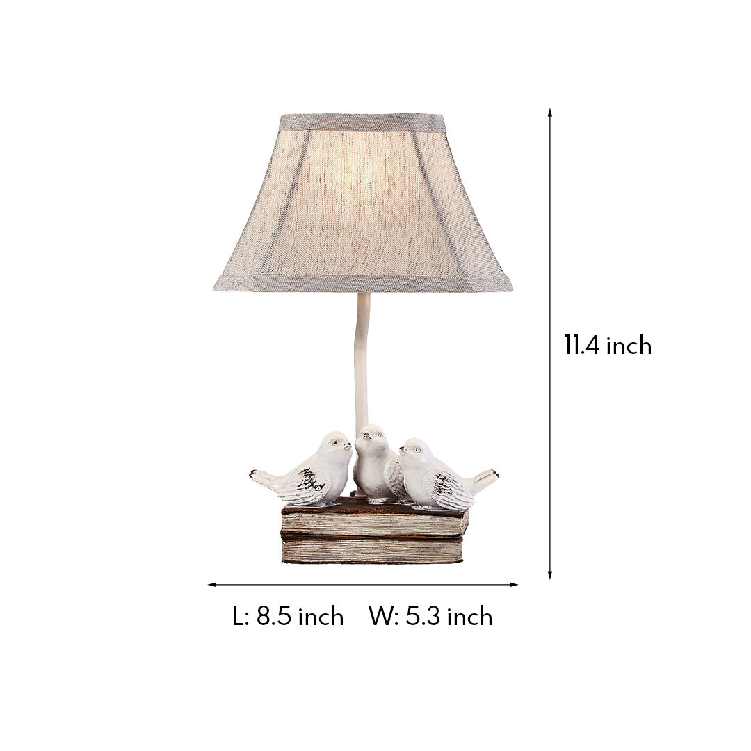 Small Bird Table Lamp - French Design with Stacked Books Fabric Shade