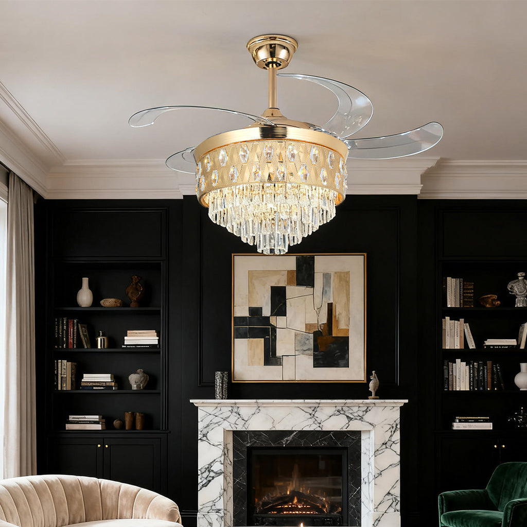 Luxury Gold Crystal Ceiling Fan with Pendant Light