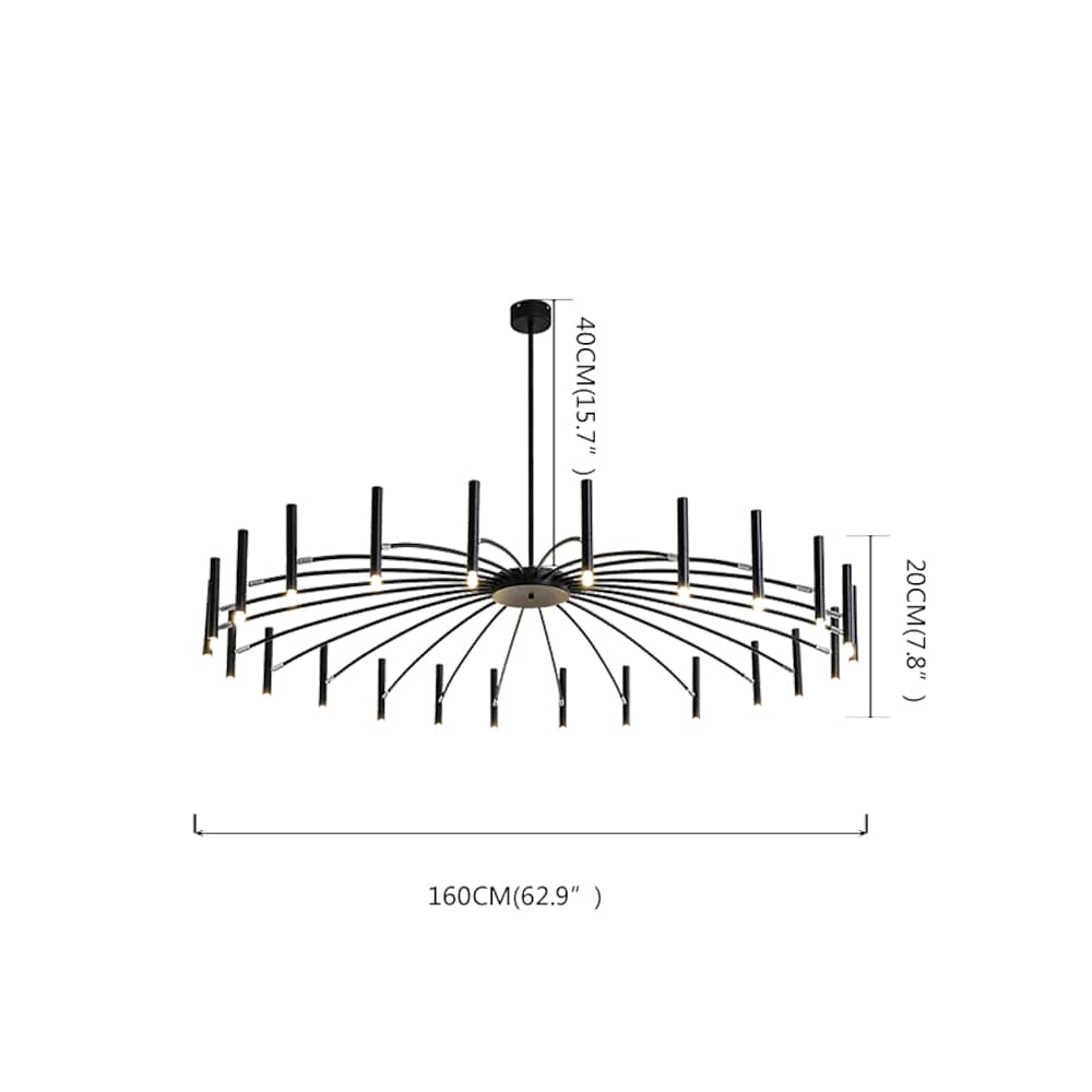 Modern 24-Light Round Chandelier - 63'' Dia, Adjustable Height, Black Finish, LED Lighting