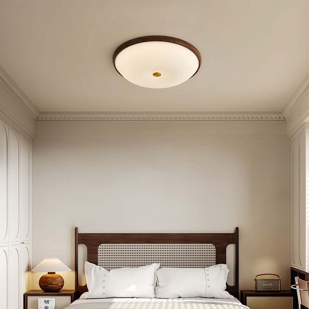 Vintage Art Deco Walnut Flush Mount Ceiling Light - Full-Spectrum Illumination
