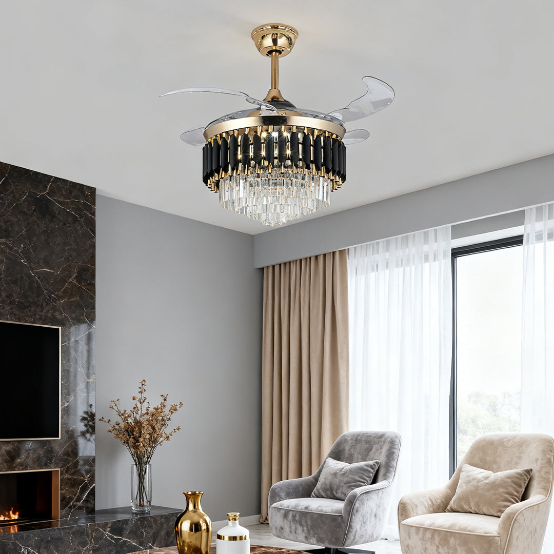 Black Ceiling Fan with Light - Luxury Transparent PC Blade Iron Design