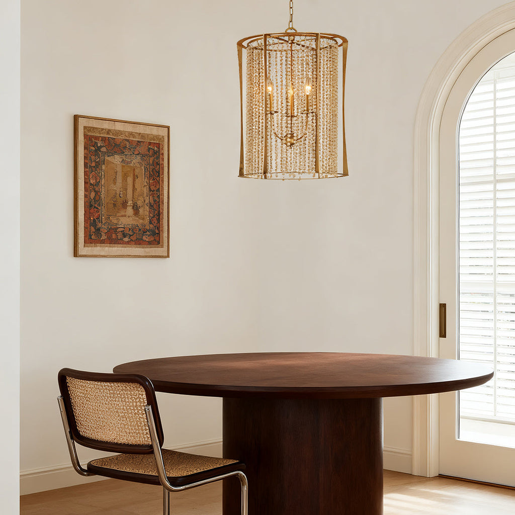 Wood Beaded Chandelier - Handcrafted Gold Ceiling Light, Elegant & Stylish Home Decor