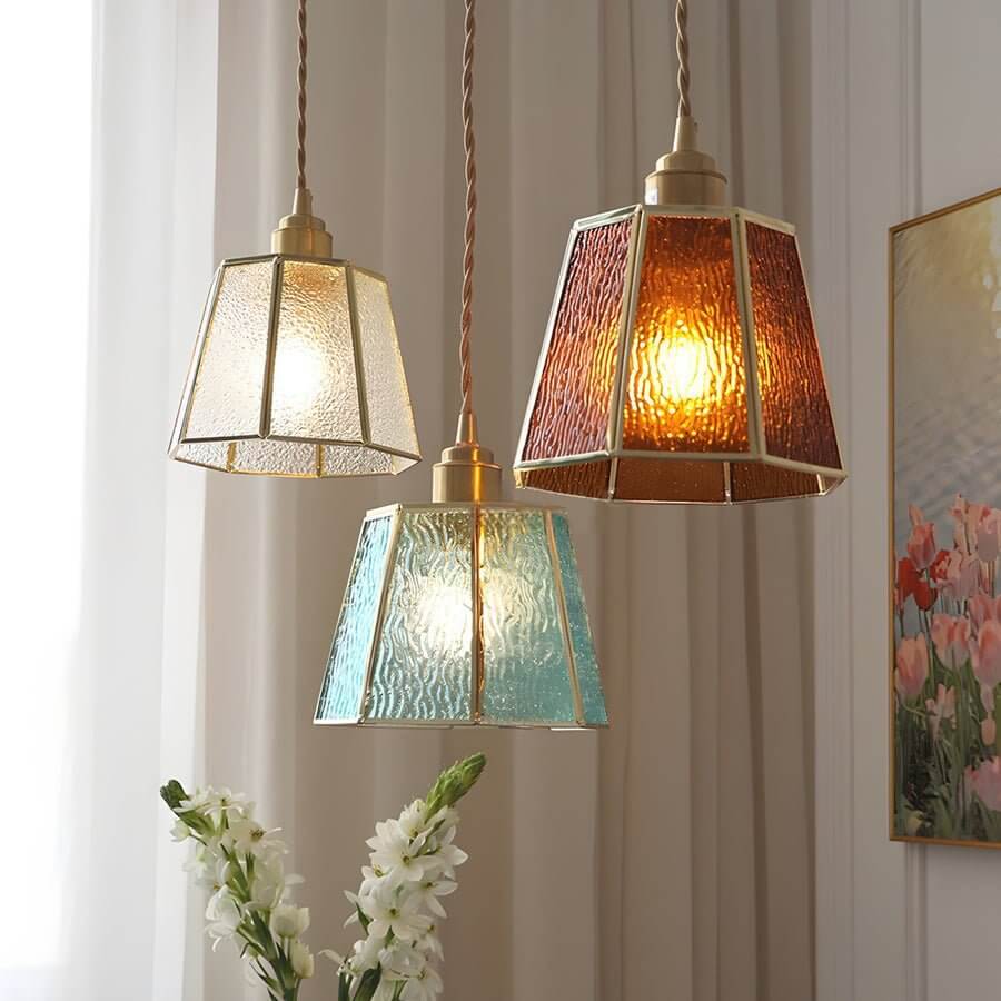 Elegant Brass Glass Polygonal LED Pendant Light - Adjustable Height Ceiling Fixture