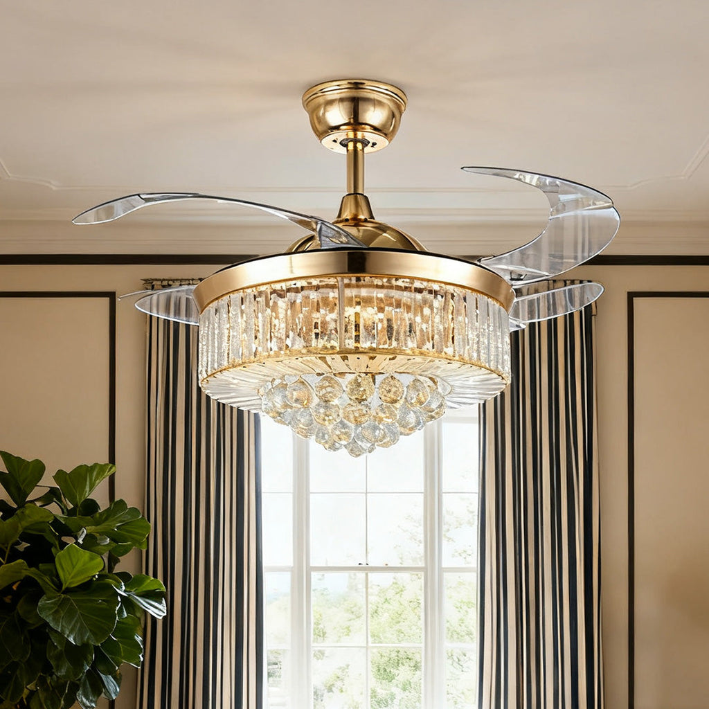 European Style Gold Crystal Ceiling Fan with Lights Luxury Iron Design