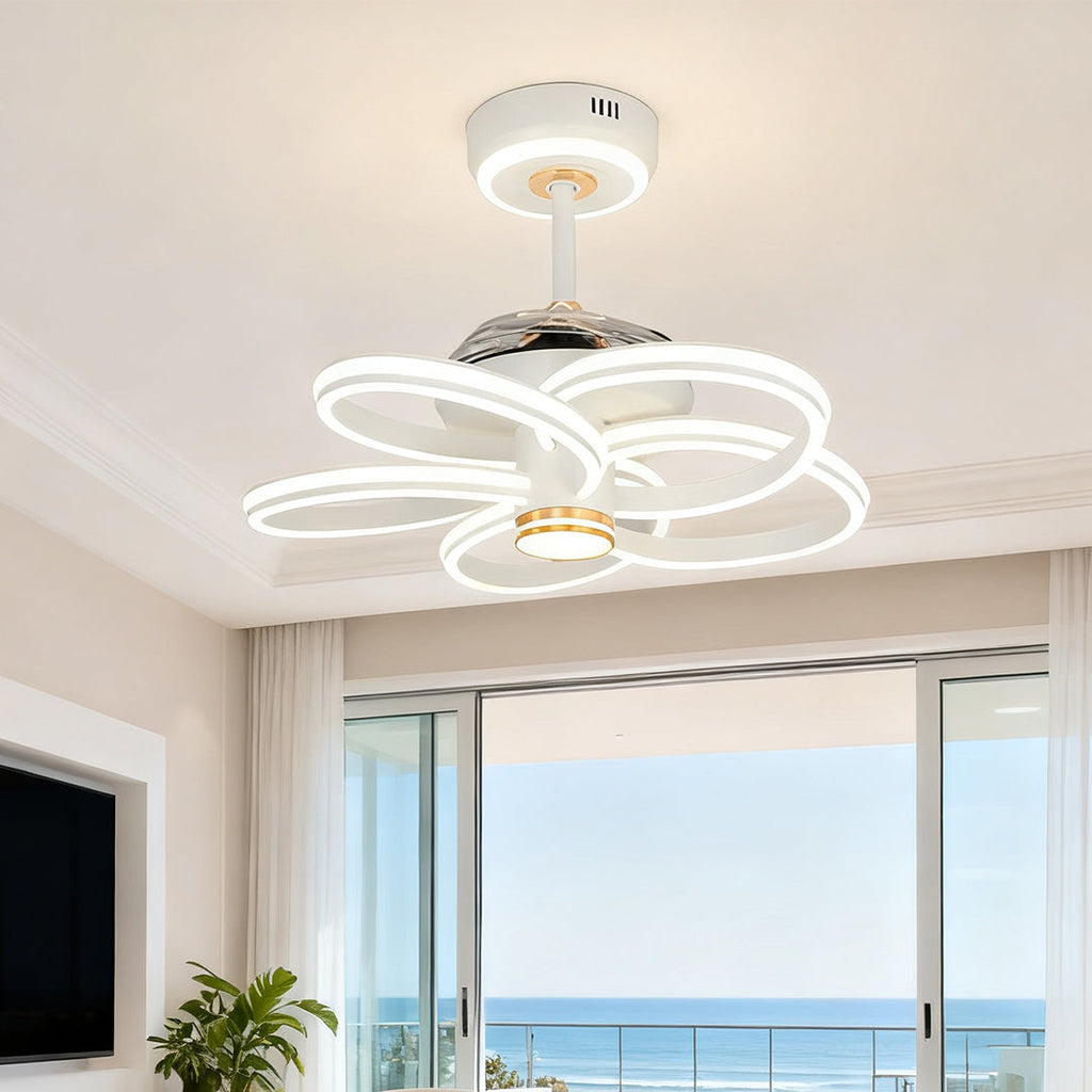 White Ceiling Fan Light Fixture | Variable Frequency Flower Design Iron Art Lamp