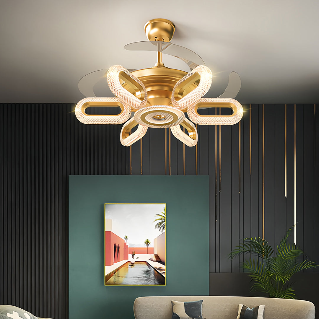Gold Ceiling Fan with LED Light - Modern Iron Brightness Fixture