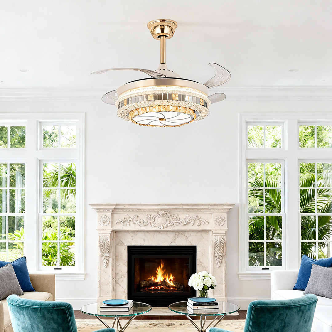 Gold Crystal Design Ceiling Fan with Light - 4-Blade Invisible Lamp