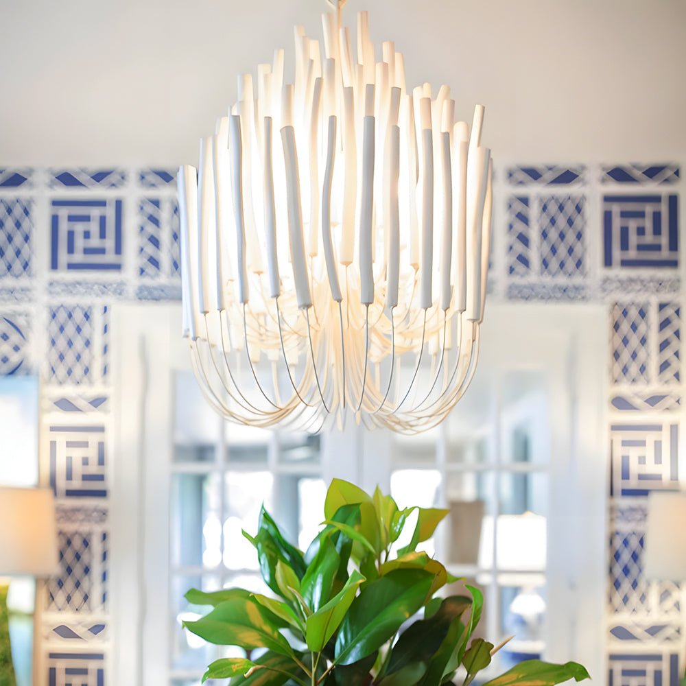 Organic Stick Chandelier - White Painted Wooden Ceiling Light