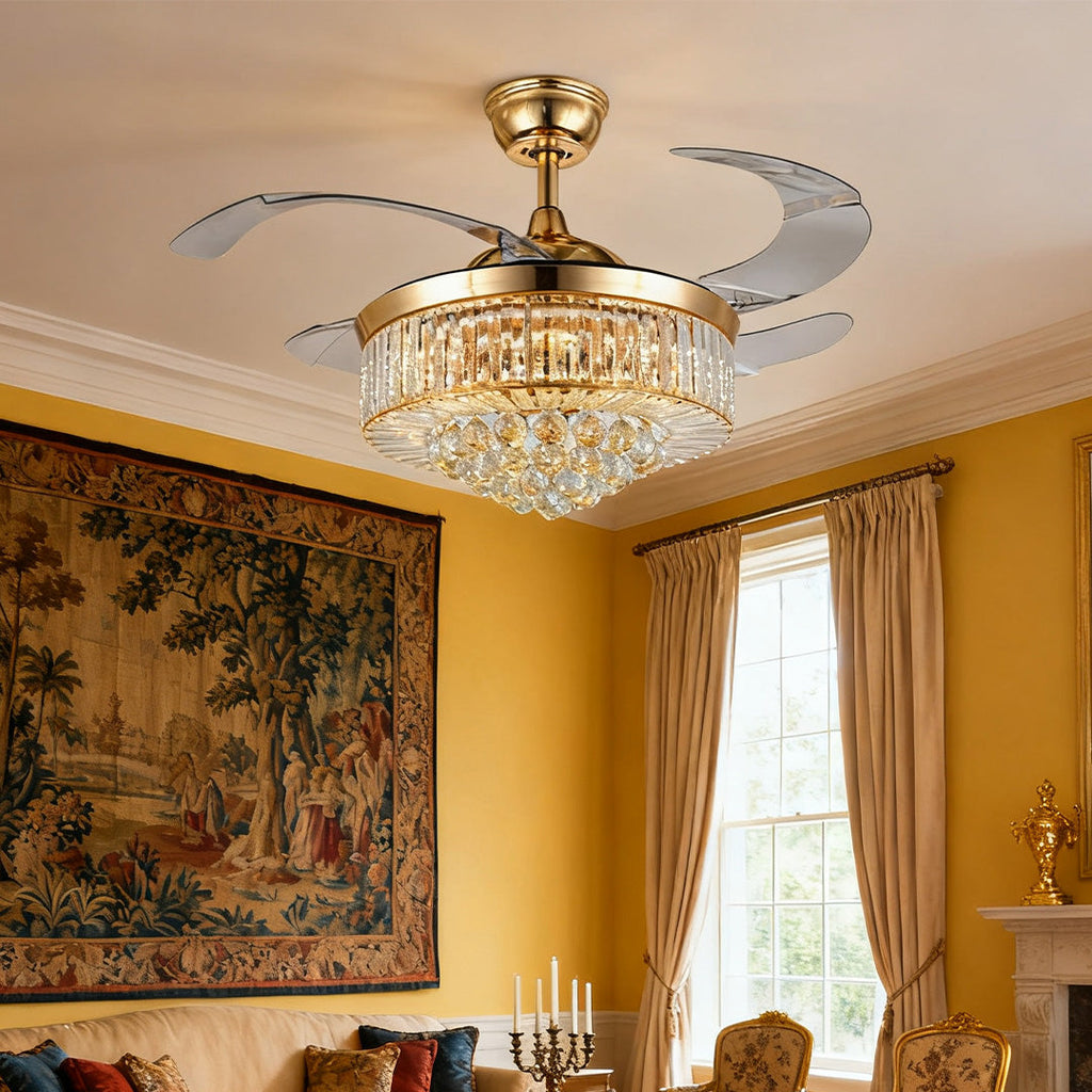 European Style Gold Crystal Ceiling Fan with Lights Luxury Iron Design