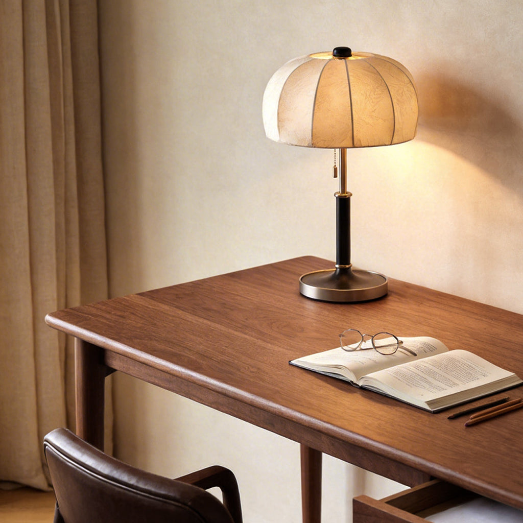 Vintage Brass Dome Pull Chain Fabric Table Lamp - Retro Lighting Fixture