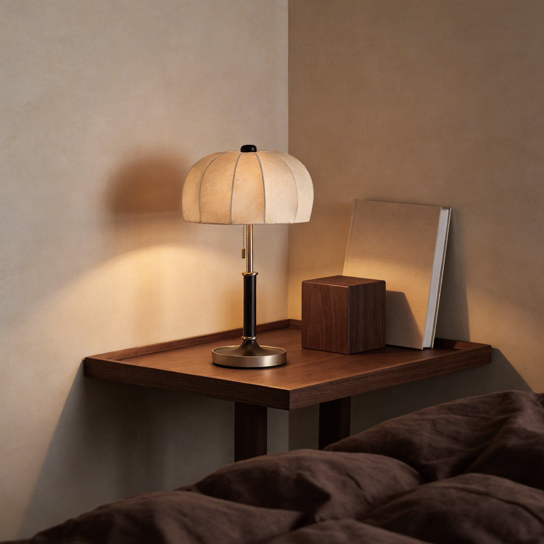 Vintage Brass Dome Pull Chain Fabric Table Lamp - Retro Lighting Fixture