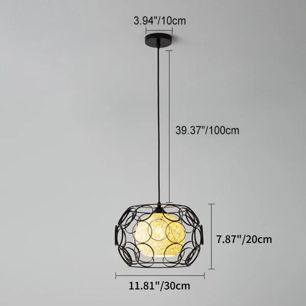 Modern Hemp Ball Pendant Light - Minimalist Iron Drum Fixture for Living Room