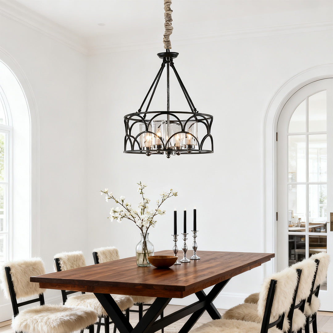 Vintage Black Metal Glass Chandelier Ceiling Light