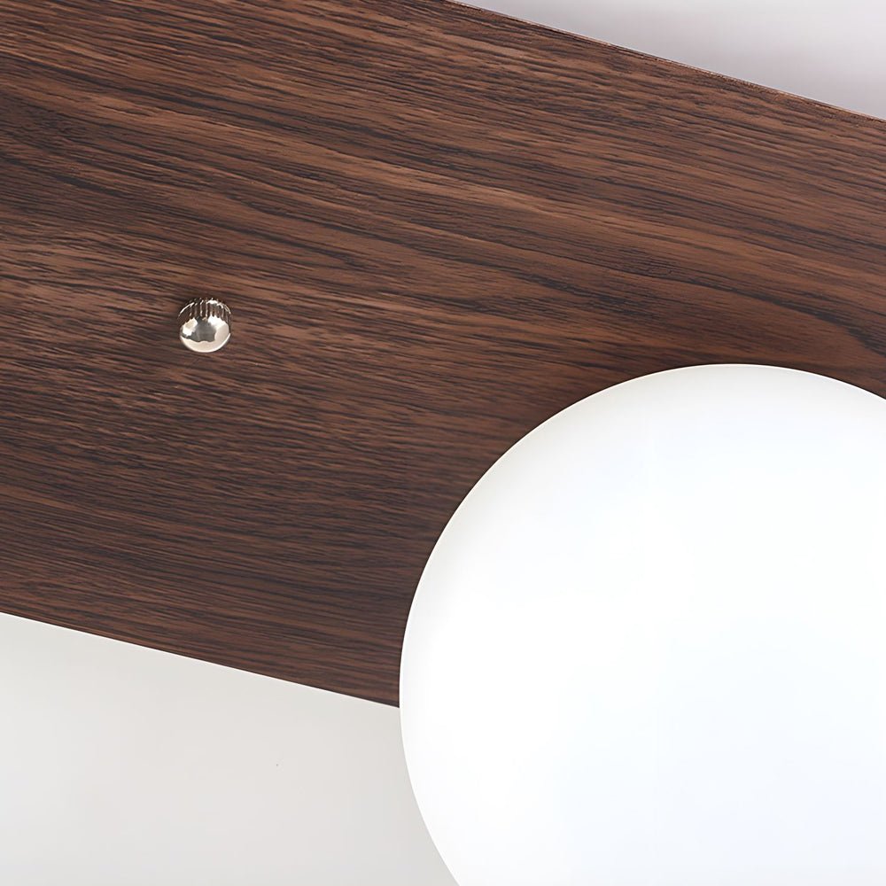 Flush Mounted Walnut Ceiling Light with Milky White Glass Globes