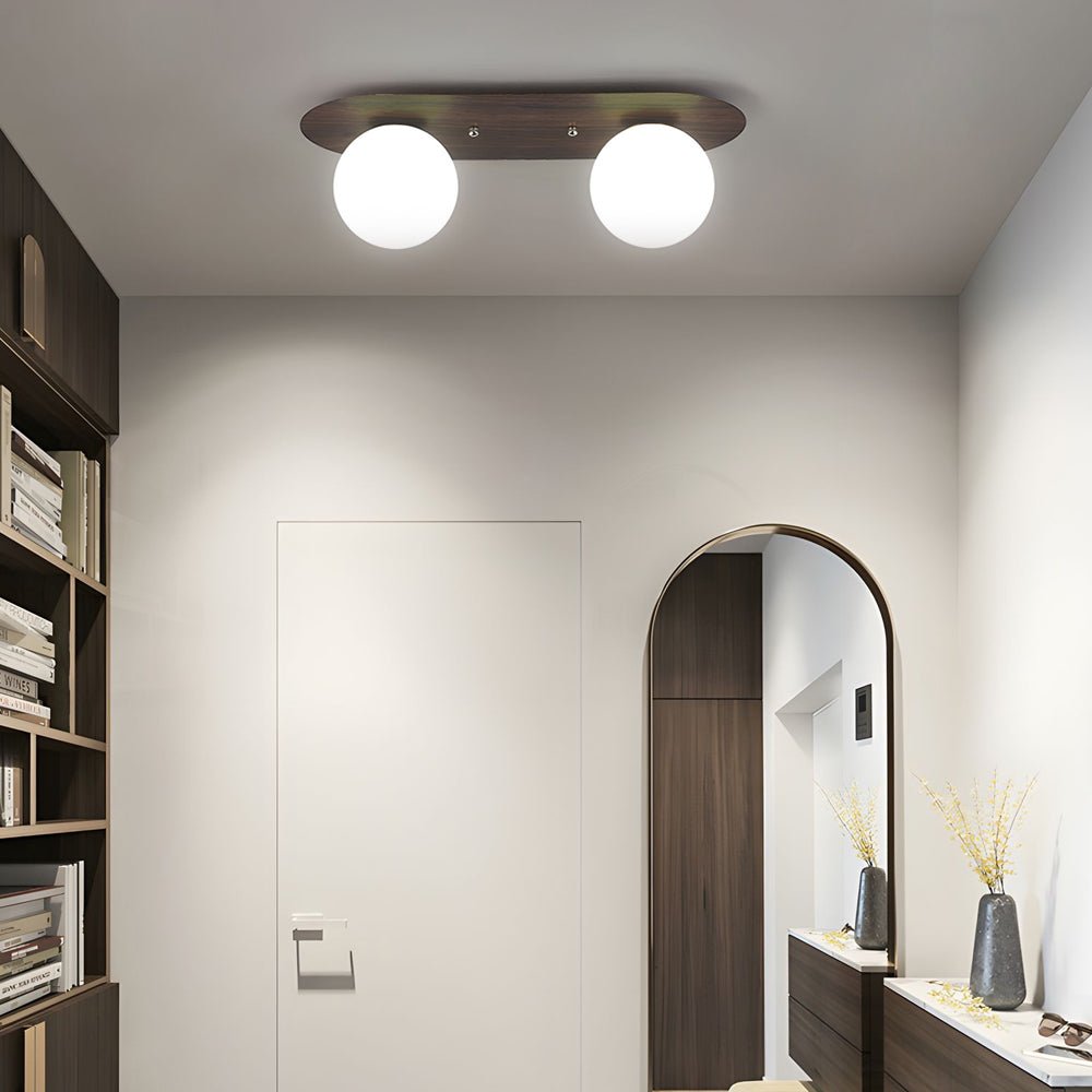 Flush Mounted Walnut Ceiling Light with Milky White Glass Globes